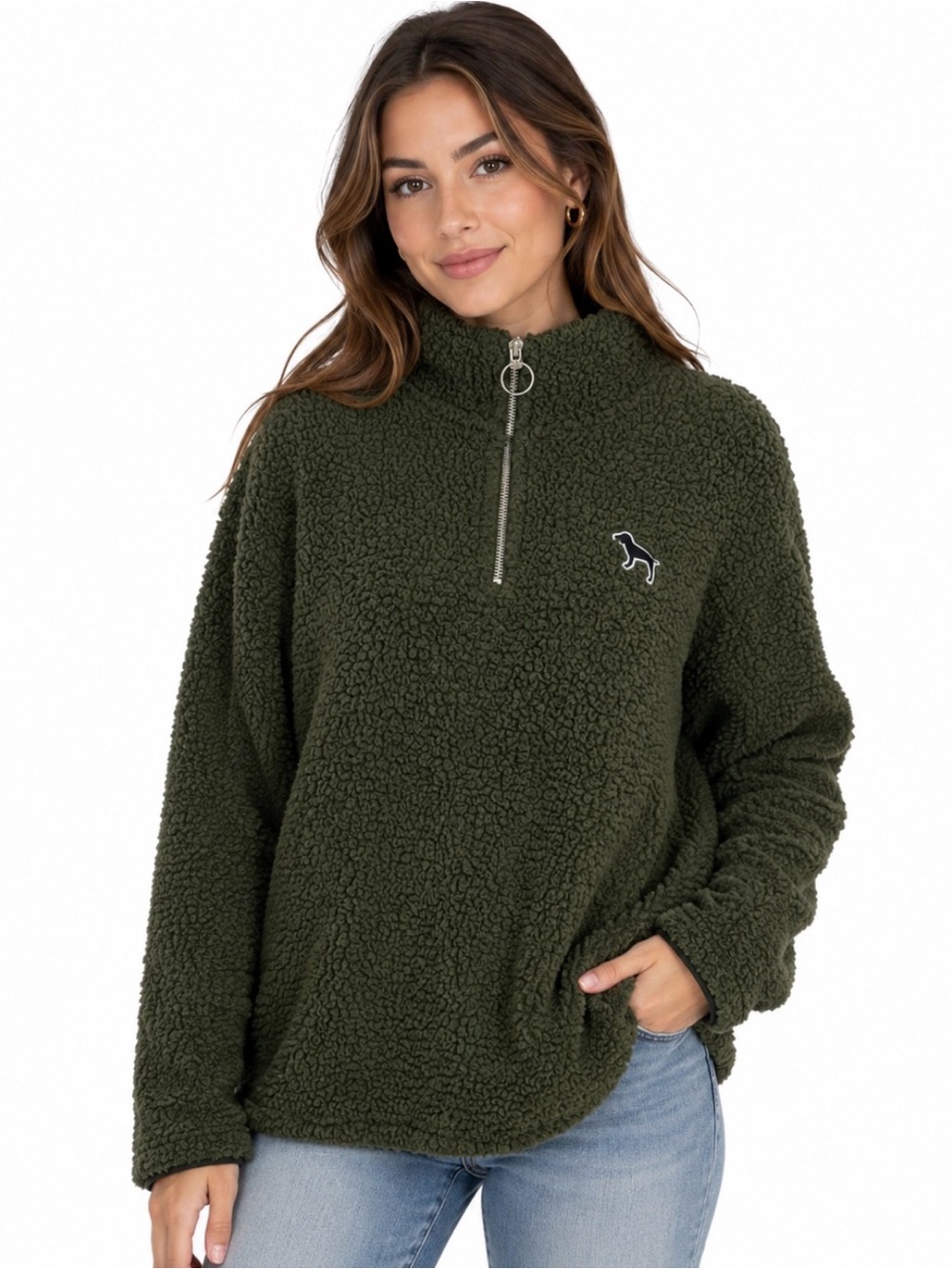PINK Green Sherpa Fleece Long Sleeve Pullover Sweater Size XS